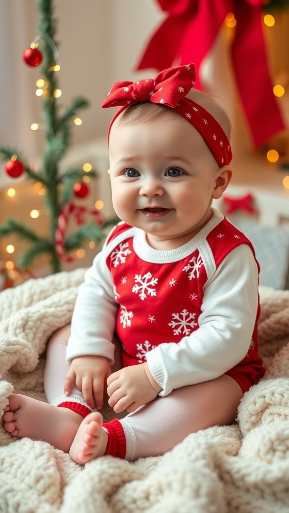 Adorable baby girl in a Christmas outfit with snowflakes, sitting on a blanket with holiday decorations.